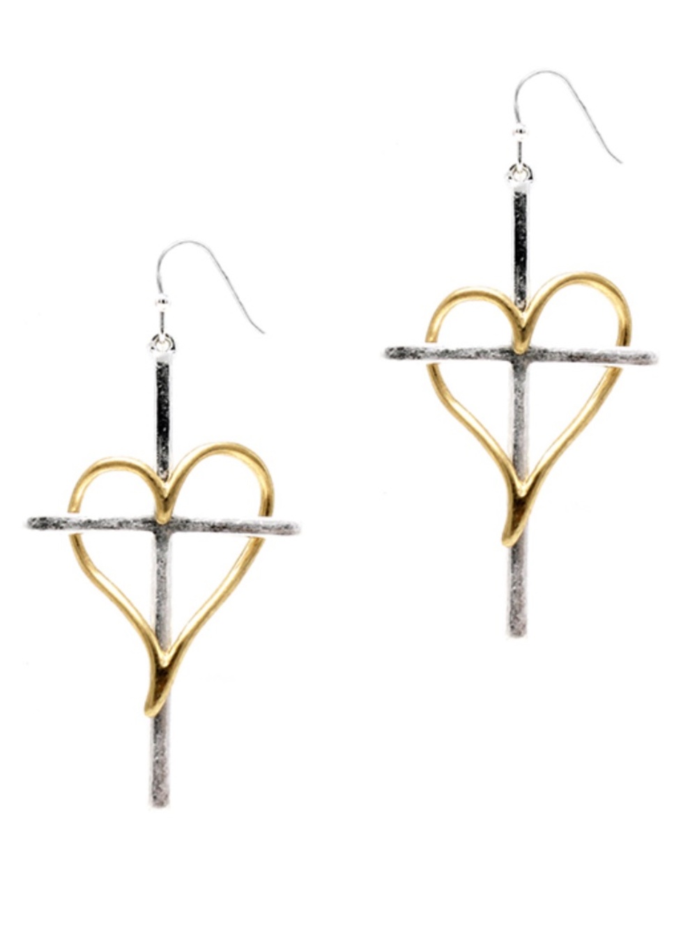 Two tone Heart Wrapped Cross Earrings Unique and lightweight Stainless Steel